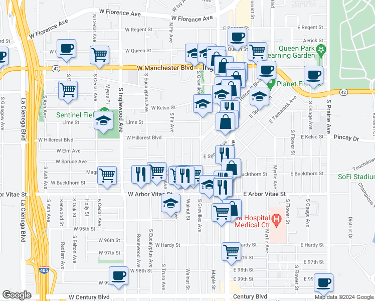 map of restaurants, bars, coffee shops, grocery stores, and more near 632 Walnut Street in Inglewood