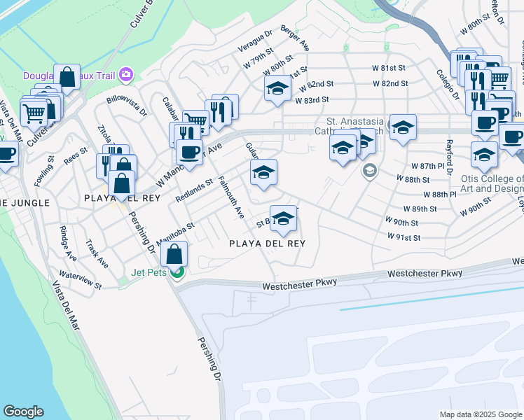 map of restaurants, bars, coffee shops, grocery stores, and more near 7755 Saint Bernard Street in Los Angeles