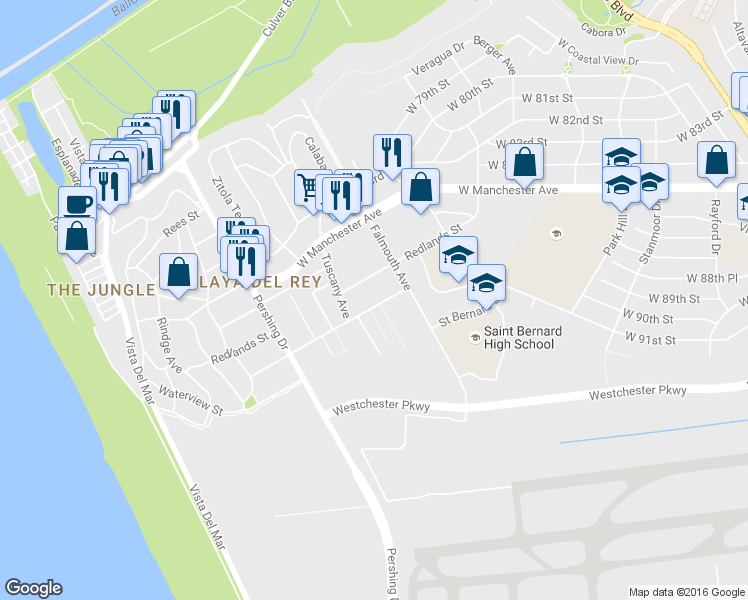 map of restaurants, bars, coffee shops, grocery stores, and more near 8150 Manitoba Street in Los Angeles