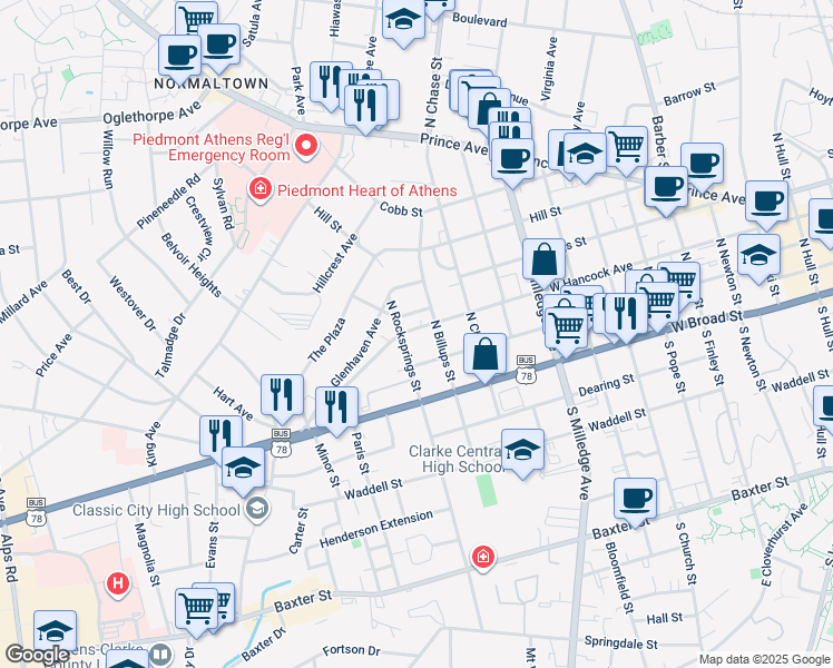 map of restaurants, bars, coffee shops, grocery stores, and more near in Athens