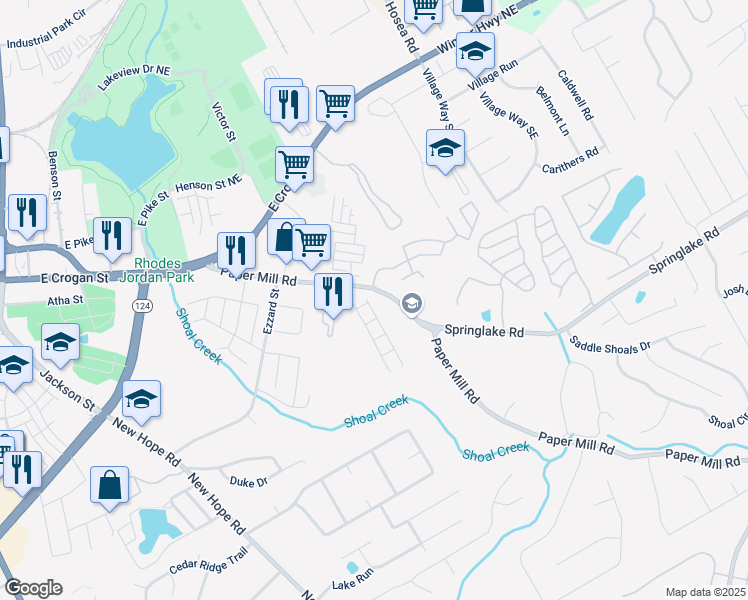 map of restaurants, bars, coffee shops, grocery stores, and more near 198 Britt Drive in Lawrenceville