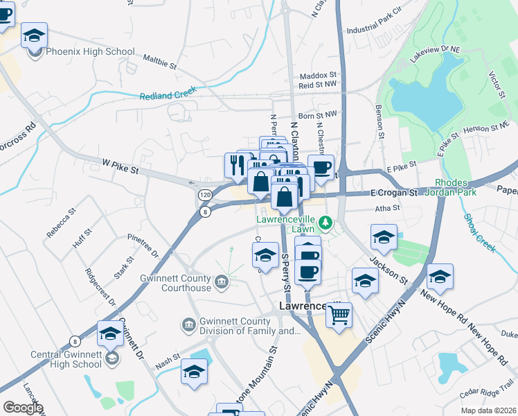 map of restaurants, bars, coffee shops, grocery stores, and more near 179 Culver Street South in Lawrenceville