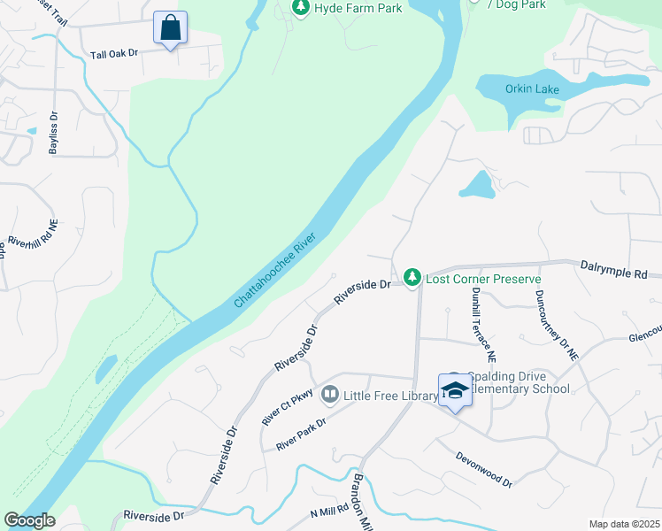 map of restaurants, bars, coffee shops, grocery stores, and more near 105 North River Drive in Atlanta