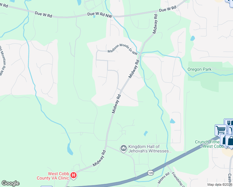 map of restaurants, bars, coffee shops, grocery stores, and more near 110 Mayes Farm Road Northwest in Marietta