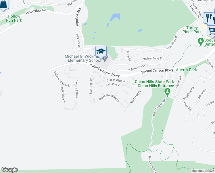map of restaurants, bars, coffee shops, grocery stores, and more near 4261 Foxrun Drive in Chino Hills