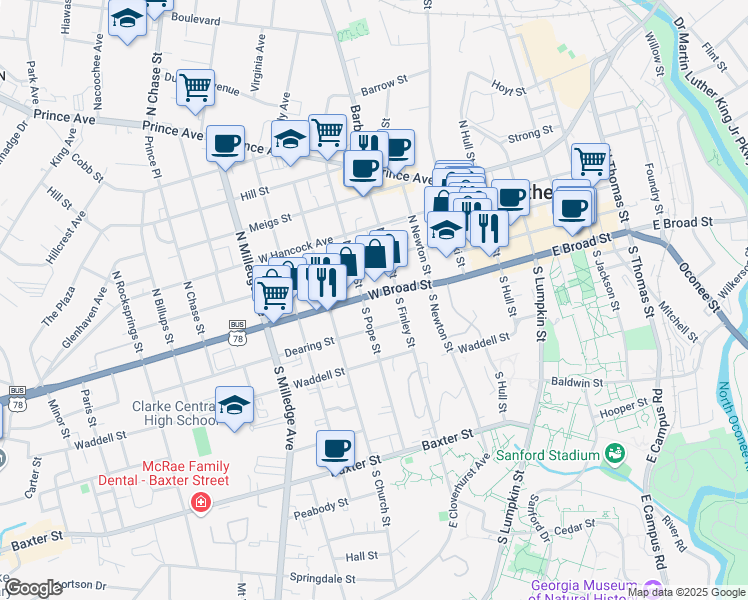 map of restaurants, bars, coffee shops, grocery stores, and more near 651 West Broad Street in Athens