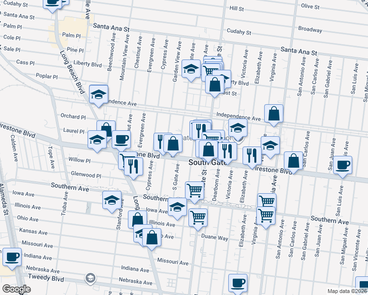 map of restaurants, bars, coffee shops, grocery stores, and more near 8680 South Gate Avenue in South Gate