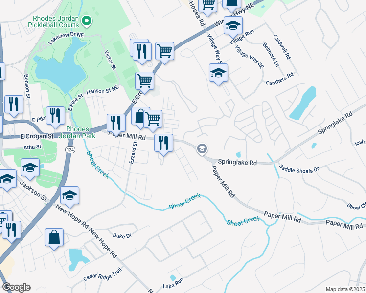 map of restaurants, bars, coffee shops, grocery stores, and more near 198 Britt Drive in Lawrenceville