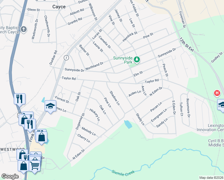 map of restaurants, bars, coffee shops, grocery stores, and more near 107 Shadow Lane in Cayce