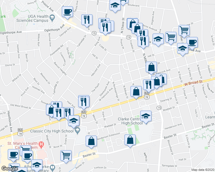 map of restaurants, bars, coffee shops, grocery stores, and more near 233 Glenhaven Avenue in Athens