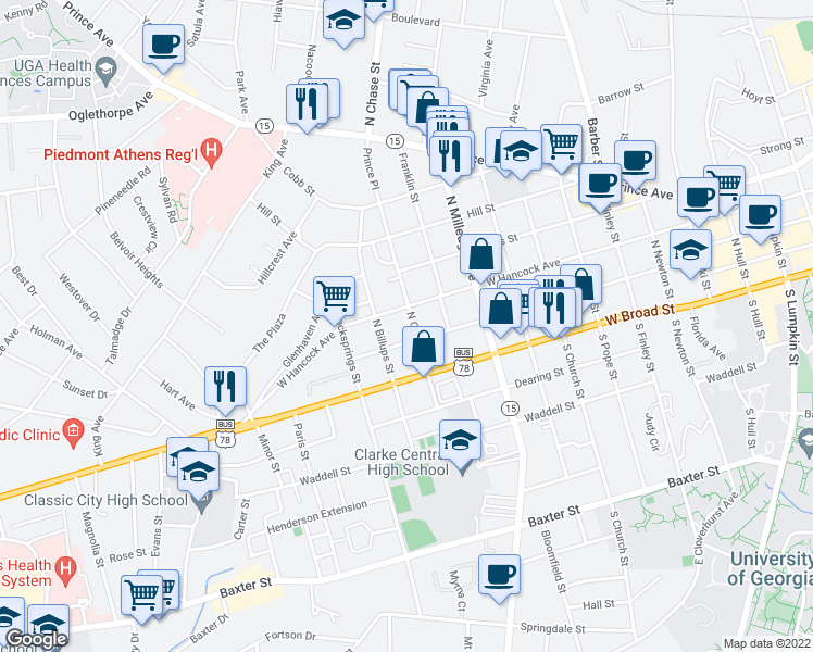 map of restaurants, bars, coffee shops, grocery stores, and more near 259 North Chase Street in Athens