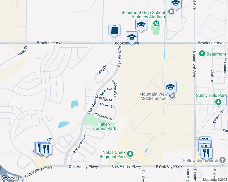 map of restaurants, bars, coffee shops, grocery stores, and more near 1698 Rose Avenue in Beaumont