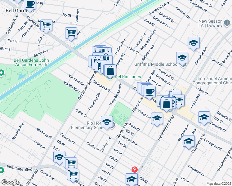 map of restaurants, bars, coffee shops, grocery stores, and more near 10253 Wiley Burke Avenue in Downey