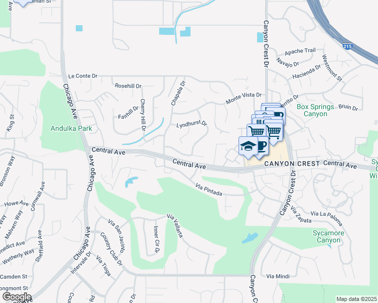 map of restaurants, bars, coffee shops, grocery stores, and more near 1156 Lyndhurst Drive in Riverside