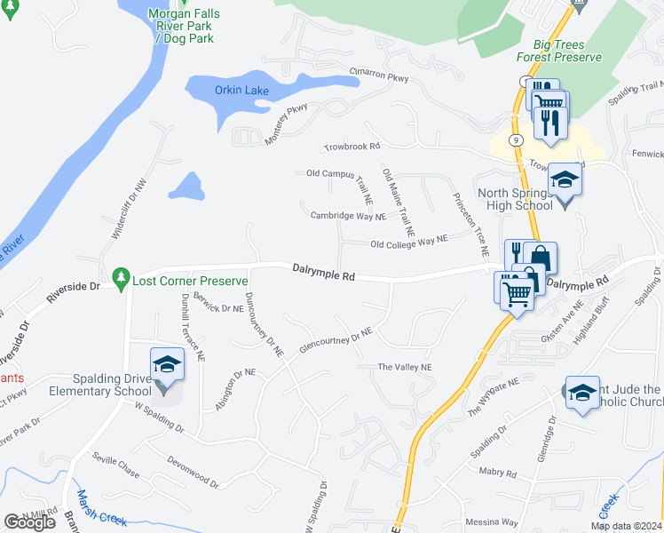 map of restaurants, bars, coffee shops, grocery stores, and more near 410 Dalrymple Road in Atlanta
