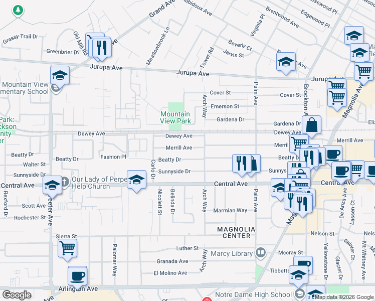 map of restaurants, bars, coffee shops, grocery stores, and more near 4766 Merrill Avenue in Riverside