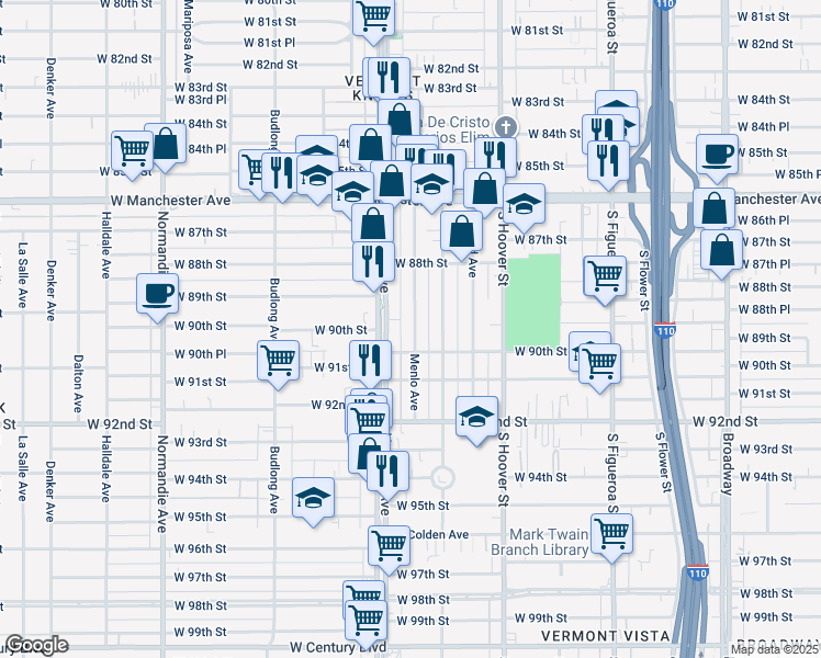 map of restaurants, bars, coffee shops, grocery stores, and more near 8925 Menlo Avenue in Los Angeles