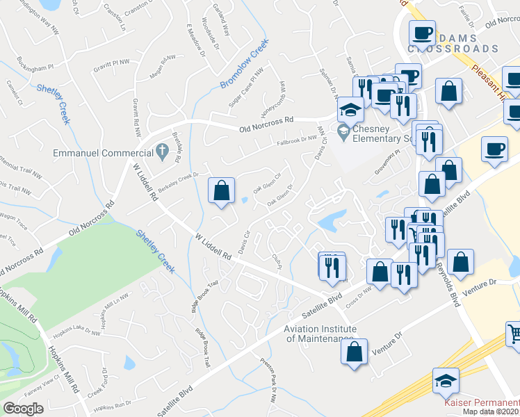 map of restaurants, bars, coffee shops, grocery stores, and more near 2264 Oak Glenn Circle in Duluth