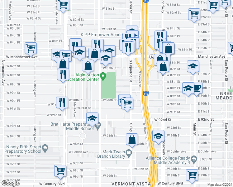 map of restaurants, bars, coffee shops, grocery stores, and more near 558 West 89th Street in Los Angeles