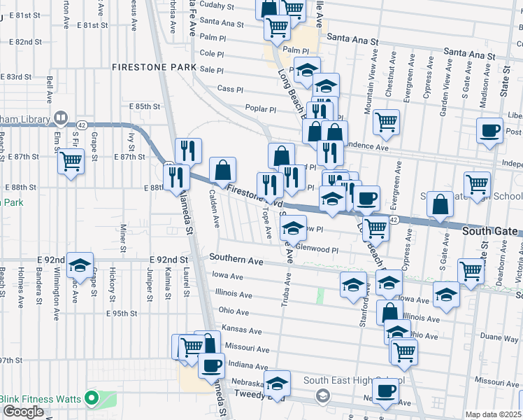 map of restaurants, bars, coffee shops, grocery stores, and more near 8907 Tope Avenue in South Gate