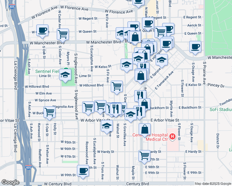 map of restaurants, bars, coffee shops, grocery stores, and more near 620 Walnut Street in Inglewood