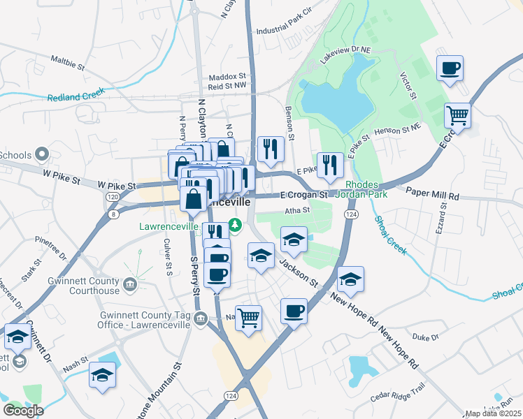 map of restaurants, bars, coffee shops, grocery stores, and more near 115 Atha Street in Lawrenceville