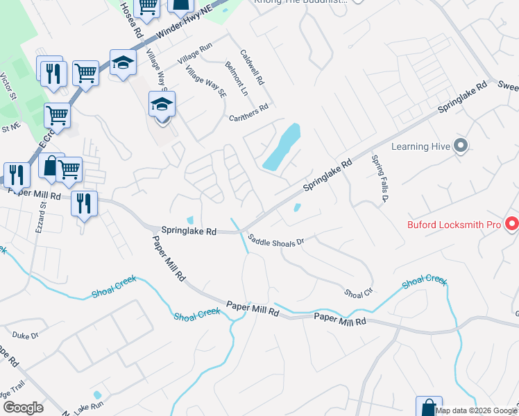 map of restaurants, bars, coffee shops, grocery stores, and more near 321 Springbottom Drive Southeast in Lawrenceville