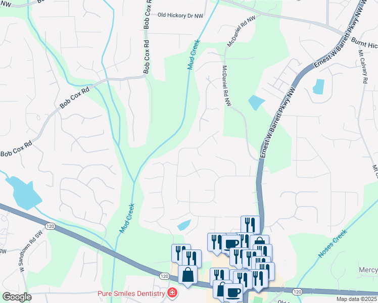 map of restaurants, bars, coffee shops, grocery stores, and more near 101 Zachary Woods Drive Northwest in Marietta