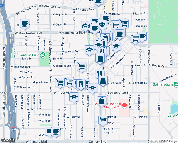 map of restaurants, bars, coffee shops, grocery stores, and more near 614 South Grevillea Avenue in Inglewood