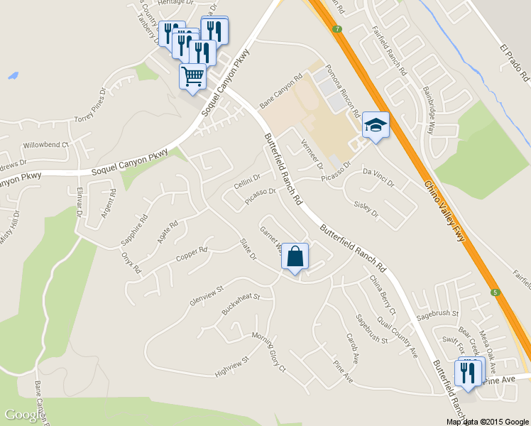map of restaurants, bars, coffee shops, grocery stores, and more near 5192 Fox Hall Road in Chino Hills