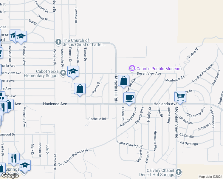 map of restaurants, bars, coffee shops, grocery stores, and more near 12770 Maui Way in Desert Hot Springs
