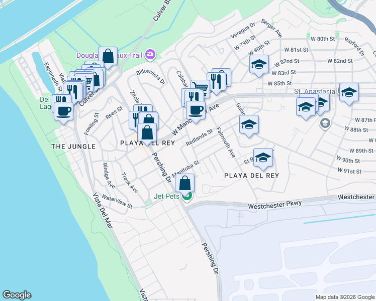 map of restaurants, bars, coffee shops, grocery stores, and more near 8710 Delgany Avenue in Los Angeles
