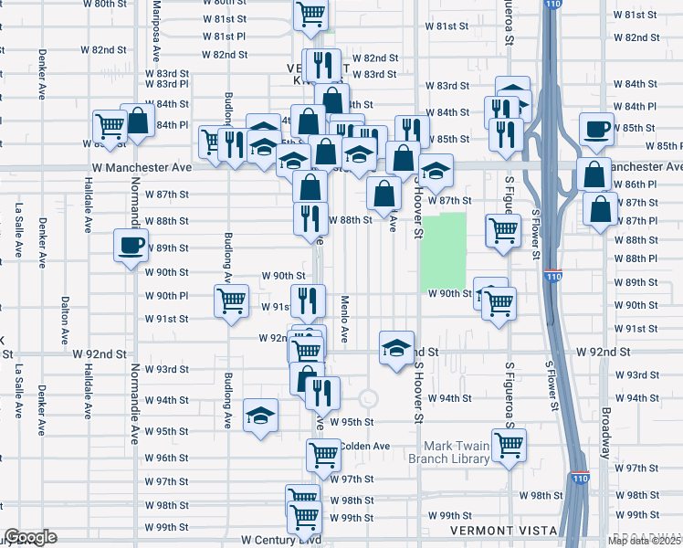 map of restaurants, bars, coffee shops, grocery stores, and more near 8925 Menlo Avenue in Los Angeles