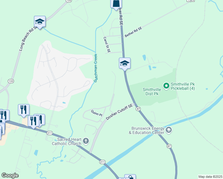 map of restaurants, bars, coffee shops, grocery stores, and more near 8371 Reidmont Drive Southeast in Southport