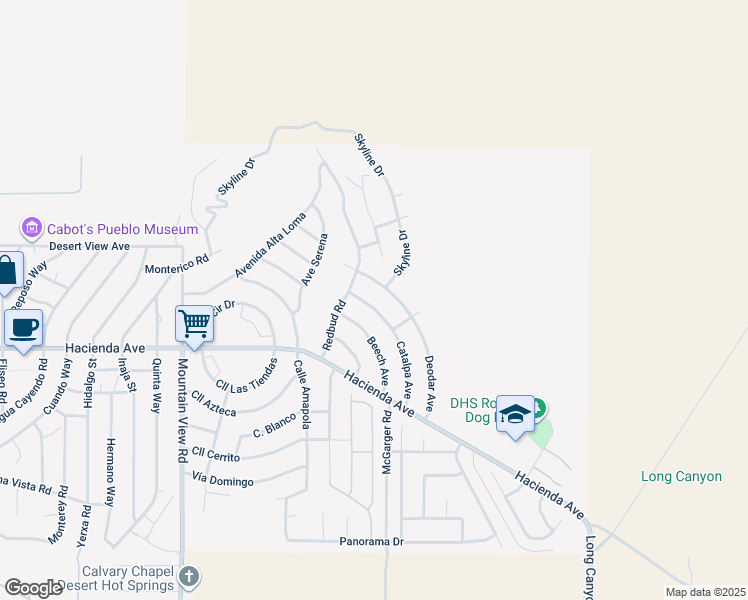 map of restaurants, bars, coffee shops, grocery stores, and more near 12780 Catalpa Avenue in Desert Hot Springs