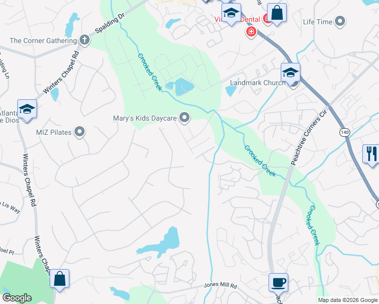map of restaurants, bars, coffee shops, grocery stores, and more near 3866 Westchase Village Lane in Norcross