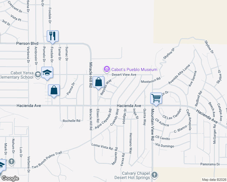 map of restaurants, bars, coffee shops, grocery stores, and more near Suerte Way in Desert Hot Springs