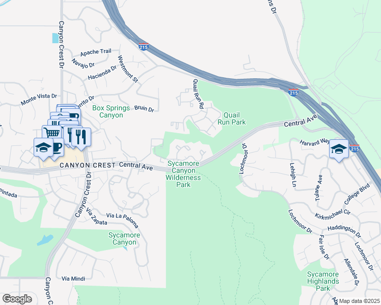 map of restaurants, bars, coffee shops, grocery stores, and more near 375 Central Avenue in Riverside