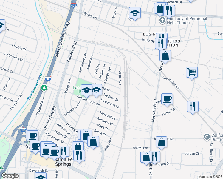 map of restaurants, bars, coffee shops, grocery stores, and more near 11331 Broaded Street in Santa Fe Springs