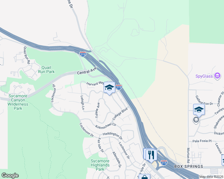 map of restaurants, bars, coffee shops, grocery stores, and more near 20369 Harvard Way in Riverside