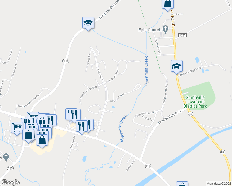 map of restaurants, bars, coffee shops, grocery stores, and more near 5008 Bowline Court in Southport