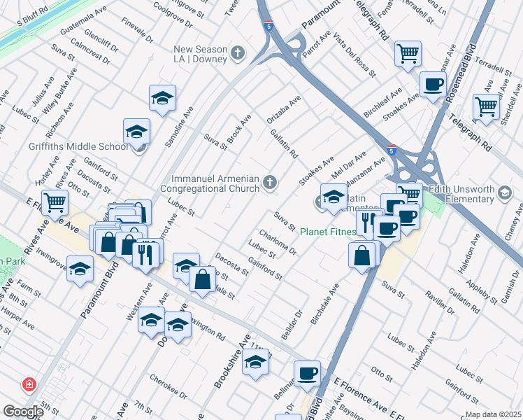map of restaurants, bars, coffee shops, grocery stores, and more near 9605 Stamps Avenue in Downey