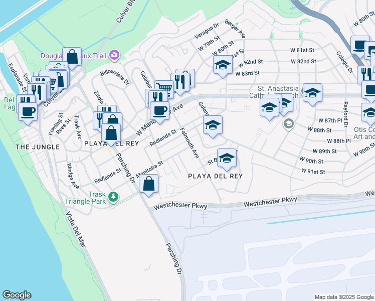 map of restaurants, bars, coffee shops, grocery stores, and more near 8110 Manitoba Street in Los Angeles