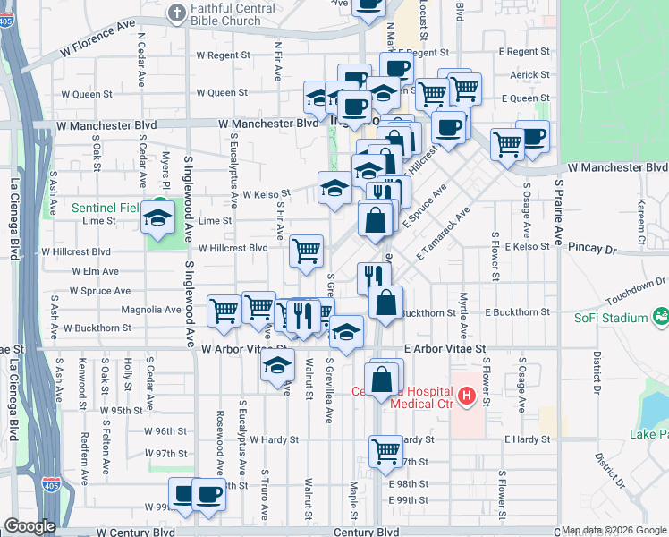 map of restaurants, bars, coffee shops, grocery stores, and more near 614 South Grevillea Avenue in Inglewood