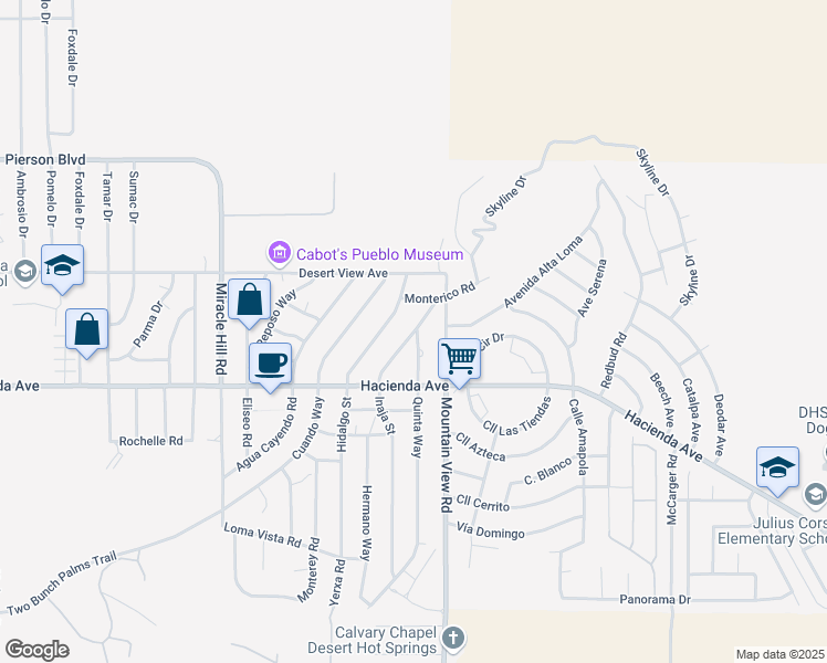 map of restaurants, bars, coffee shops, grocery stores, and more near 12807 Inaja Street in Desert Hot Springs