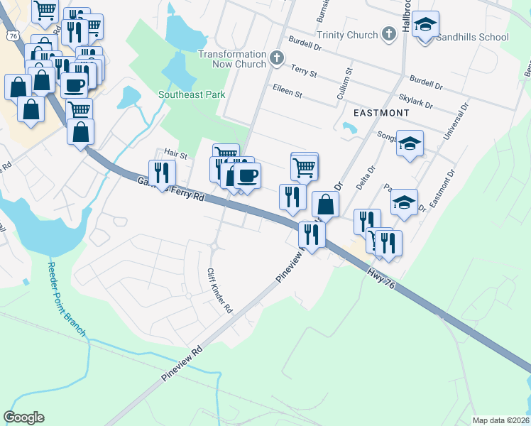 map of restaurants, bars, coffee shops, grocery stores, and more near Garners Ferry Road in Columbia