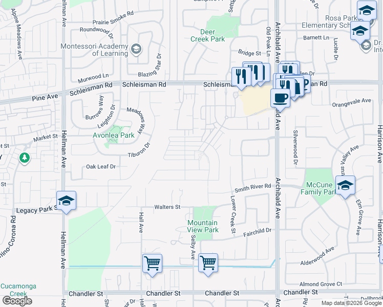 map of restaurants, bars, coffee shops, grocery stores, and more near 14529 Serenade Drive in Corona
