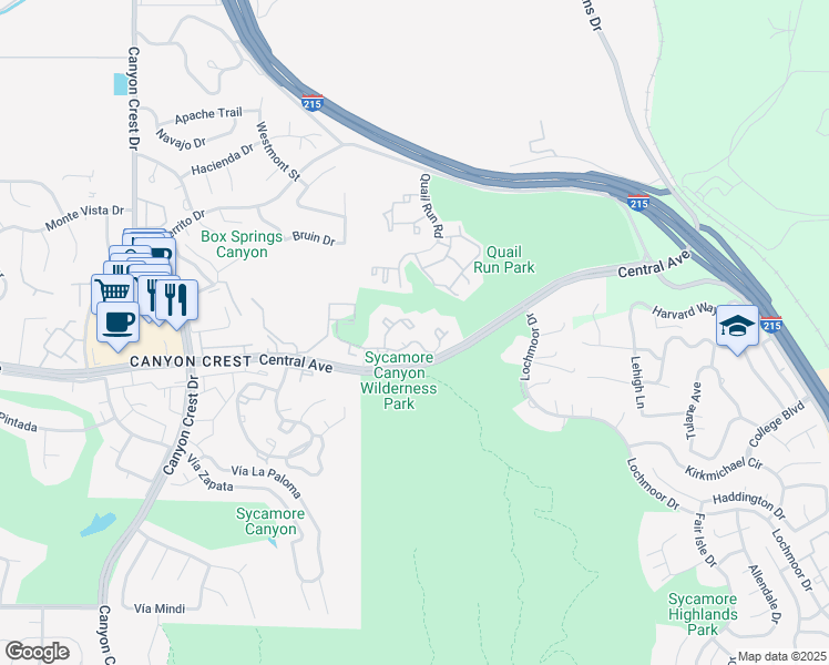 map of restaurants, bars, coffee shops, grocery stores, and more near 375 Central Avenue in Riverside