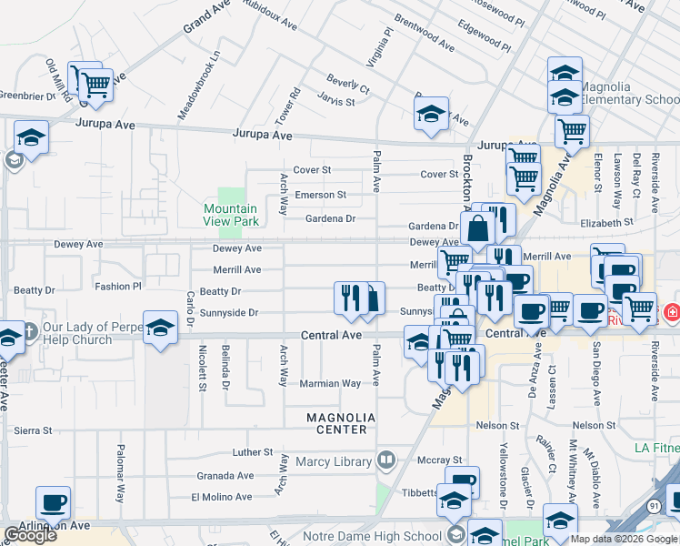 map of restaurants, bars, coffee shops, grocery stores, and more near 4607 Beatty Drive in Riverside