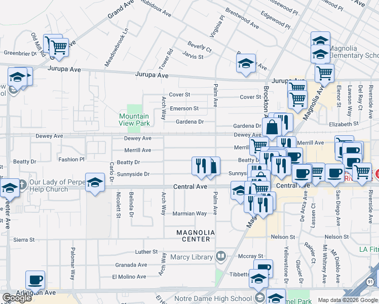 map of restaurants, bars, coffee shops, grocery stores, and more near 4607 Beatty Drive in Riverside